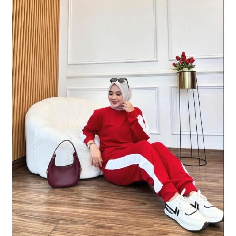 Flash Sale Hj-64 Nira Setelan Merah / Setelan Jogger / Baju Setelan Wanita / One Set Celana / Setela