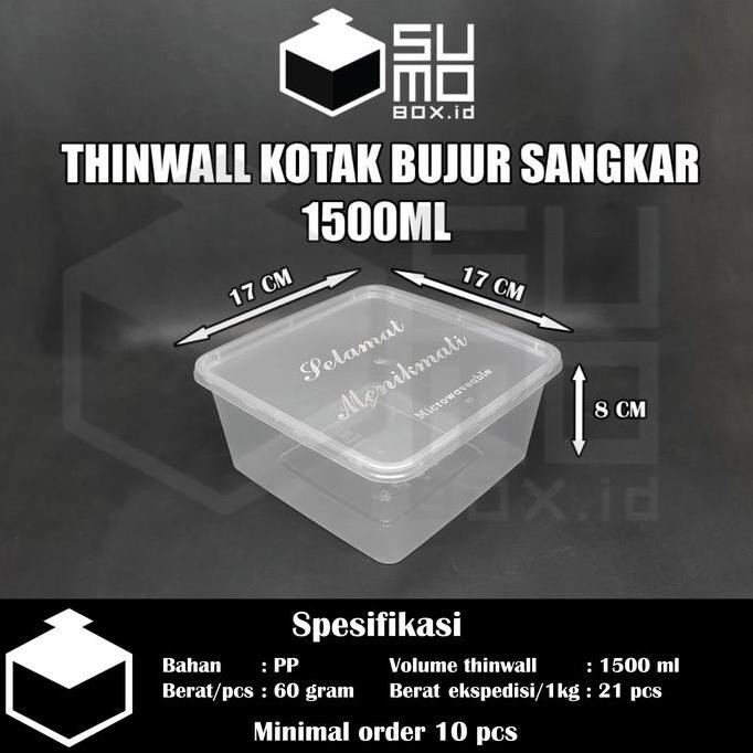 [MIN 25PCS] Thinwall BUJUR SANGKAR 1500ml + Tutup / Kotak Makan SQUARE
