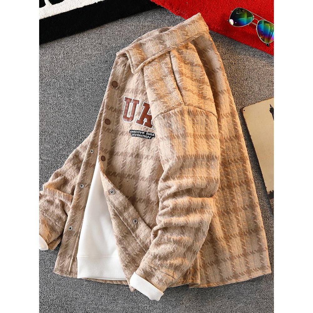 Jaket Kotak-Kotak Wol Pria Berkualitas Tinggi  Jaket Baseball Kasual Pria