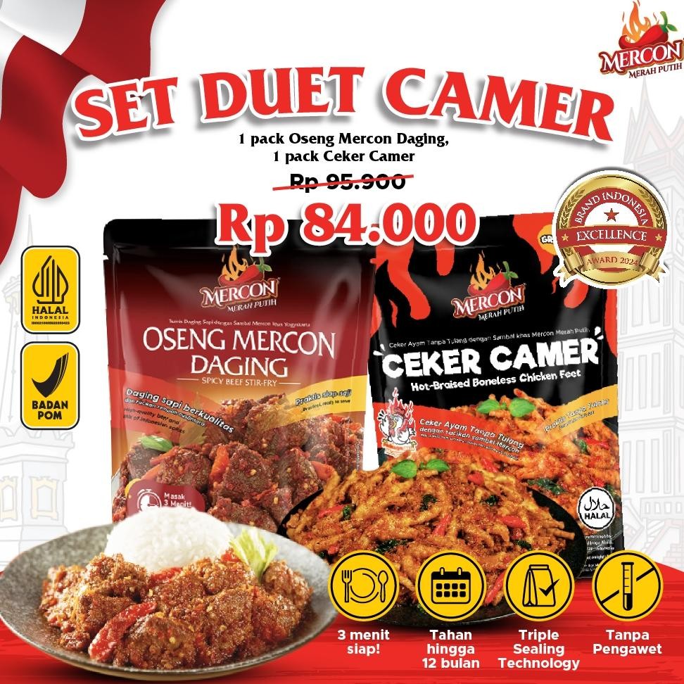 

TERLARIS [JAMINAN HARGA TERMURAH] - MERCON MERAH PUTIH - Duet Ceker Camer [Ceker CaMEr + Oseng Mercon Daging] Siap kirim