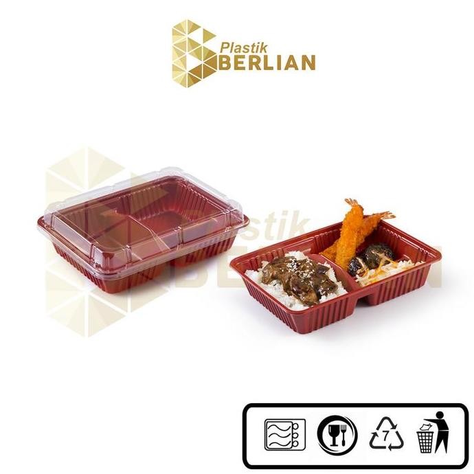 TERBARU - Tray Mika Bento 2 Sekat Merah + Tutup isi 100pcs - LBHX-02A