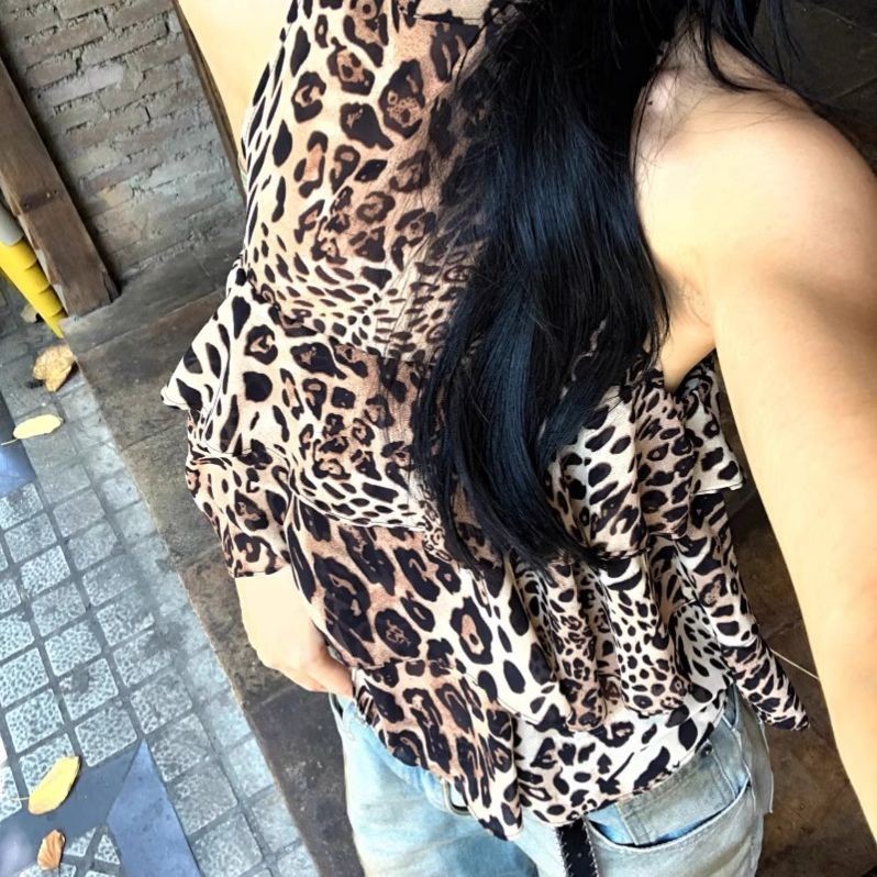 Vintage Leopard Print Halter Neck Women's Multi-layer Ruffle Slim Fit Top
