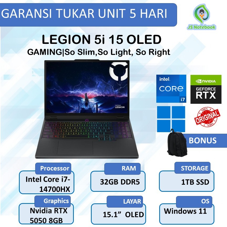 LENOVO LEGION 5I 15 OLED I7 14700HX RTX5050 8GB/ 32GB 1TB W11+OHS+M365B 15.1 WQXGA 165HZ 24ZRGB 3Y+3