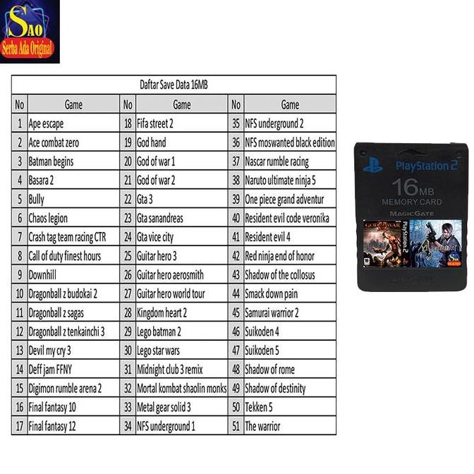Memory Ps2 Sudah Isi 51 Save data Games Tamat
