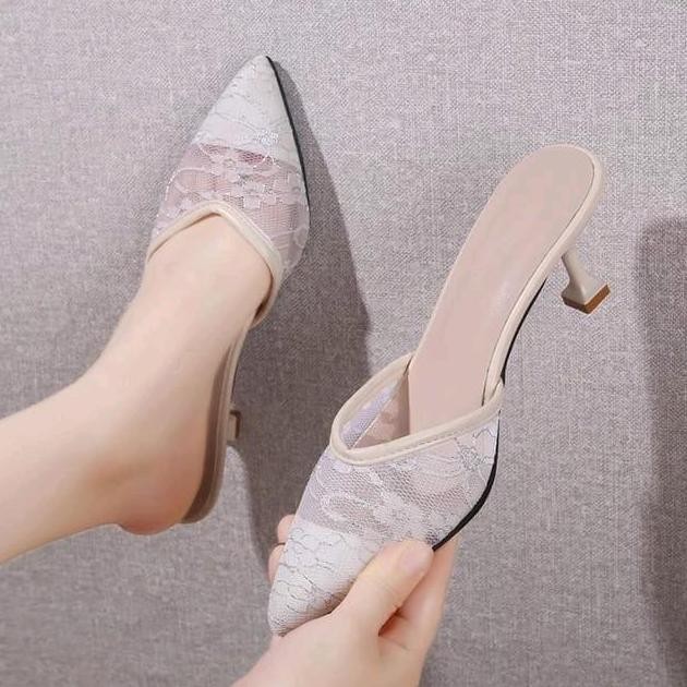 DI10 >> DCollection Sepatu Pesta Wanita Heels Brukat Hak Lancip 7 Cm DC02 Realfic Hitam Shoes High