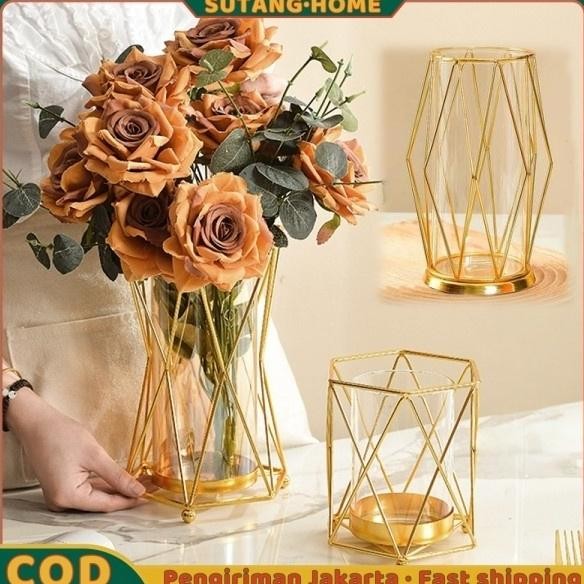 SUTANGVas Kaca Mewah Dekorasi Meja Vas Besar Kaca Hidroponik Emas Dekorasi Vas Bunga Ornamen Ruang T