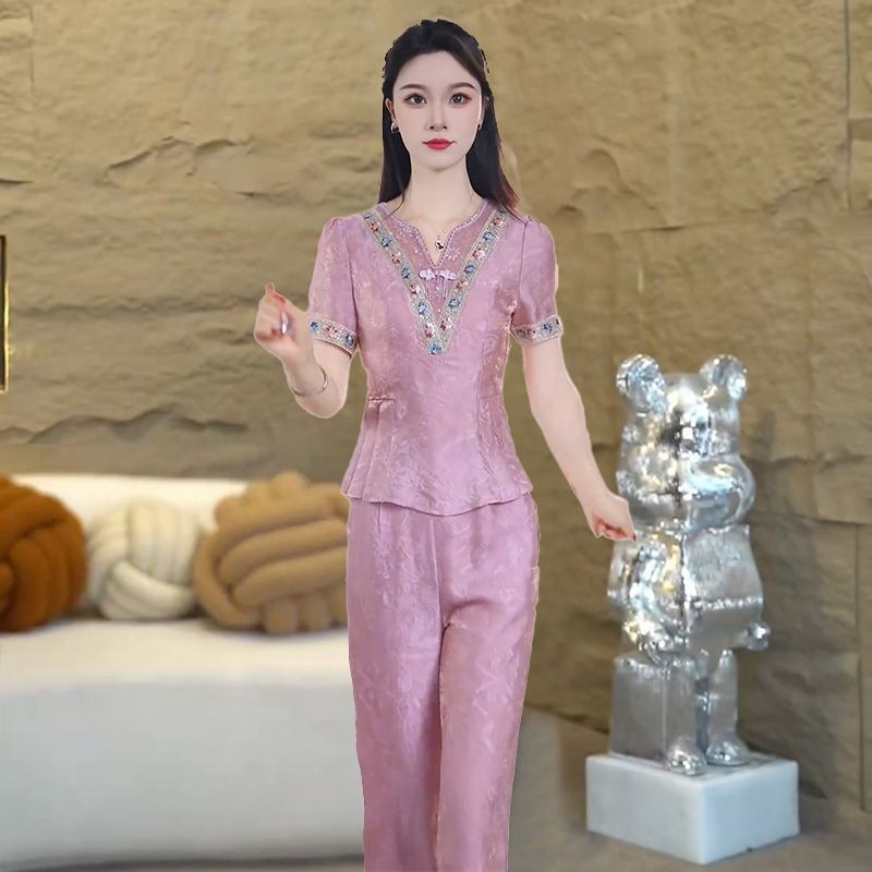 New Chinese Style Printed Casual Suit/Women's New Style Blouse+Wide Leg Pants9.10