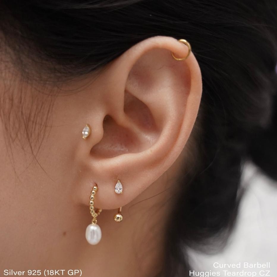 Anting Sier 925 18K Emas Lapis Curved Barbel Huggies Tindik Id