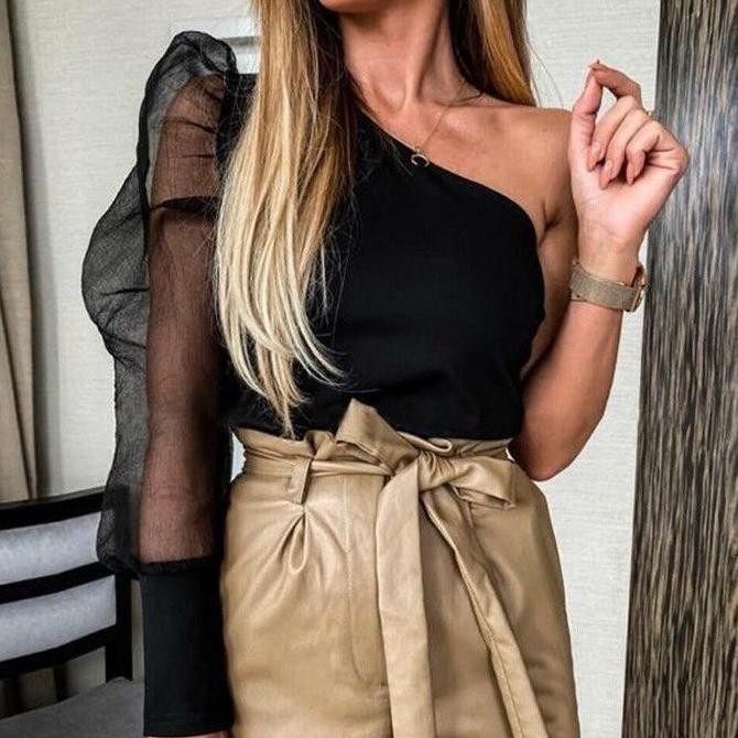 Delisya One Shoulder Scuba Organdy Baju Atasan Wanita Tangan Balon Draped Brown