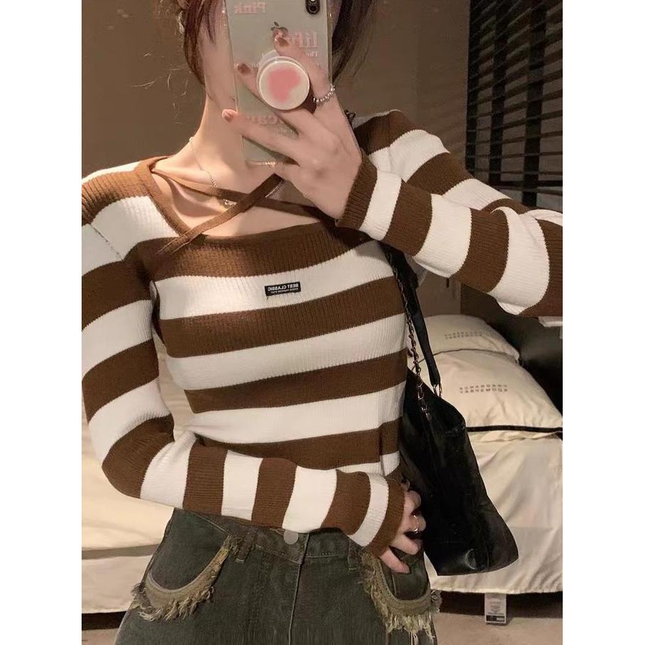 AJW [XCK] Atasan Wanita Boat Neck Long Sleeve Strap Front Knit | Pakaian Wanita Kekinian Salur Rajut