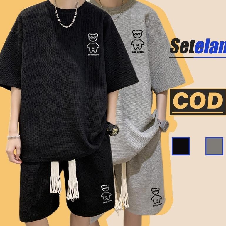 100% Ori Setelan Kaos Pria Waffle Baju Cowok Oversize Korean Style Setelan Kaos Setelan Desain Pola 