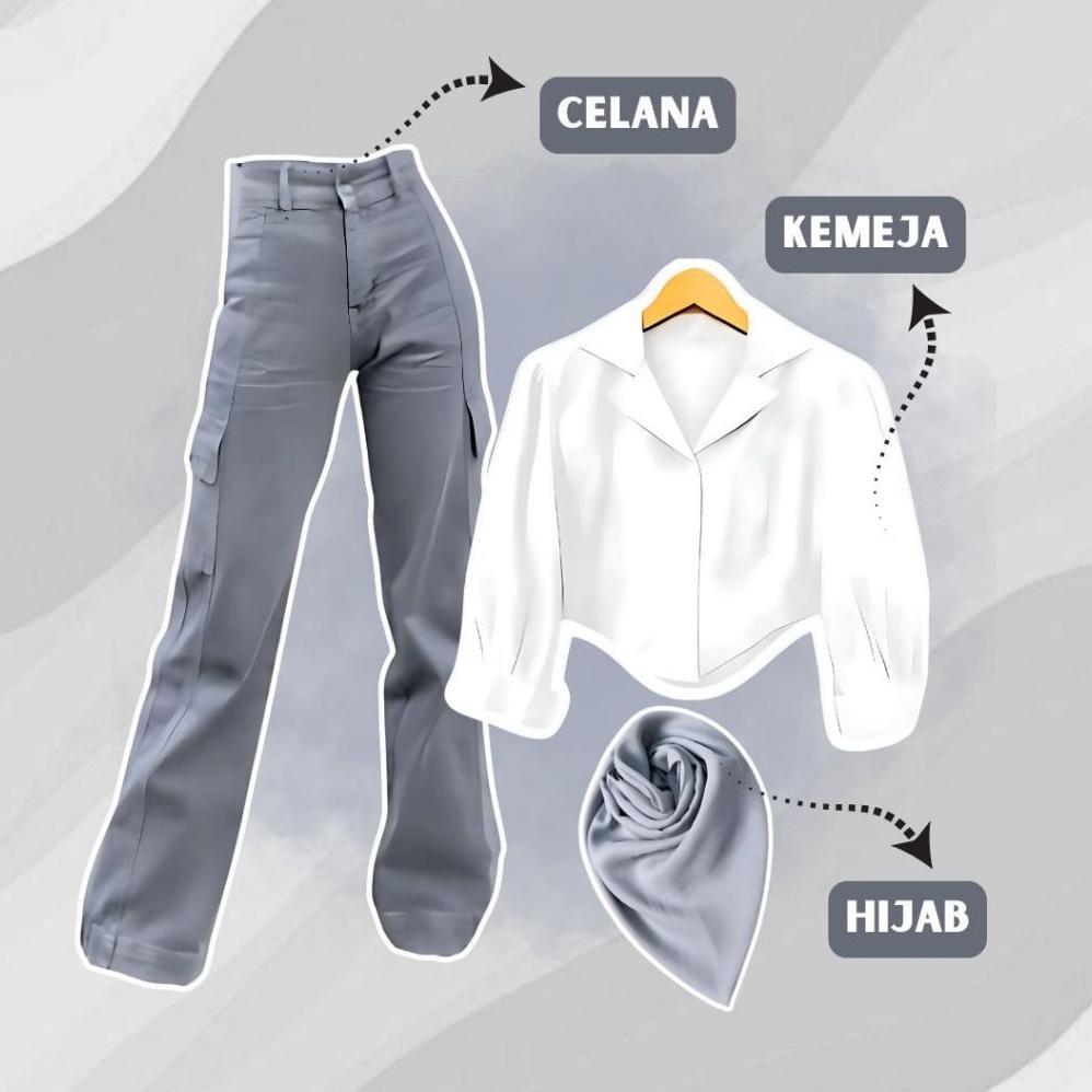 Terlaris One Set 3In1 Kemeja Crop Celana Jeans Cargo Hijab Bella Square | Ootd Outfit Oneset Setelan