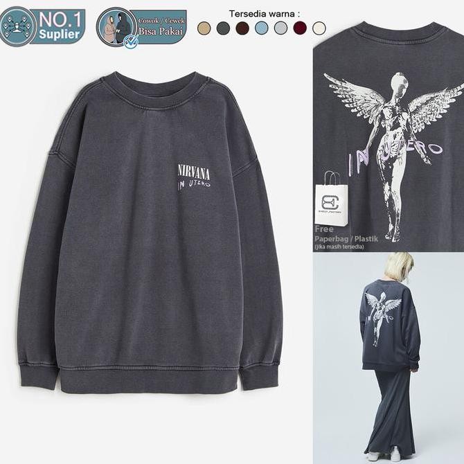 Crewneck NIRVANA IN UTERO PERI Dark Grey Original Black Wash Hitam Buluk Sweater Washed Wanita Fleec