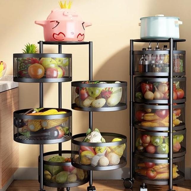 Rak Susun Besi Roda Rak Buah Sayuran Susun Rak Dapur Minimalis Rak Troli Besi Keranjang Putar Anti K
