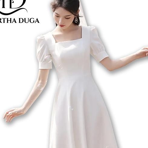 Hertha Duga Baju Midi Dress Putih Panjang Natal Wanita Kekinian Muslimah Korea Style Kondangan Weddi