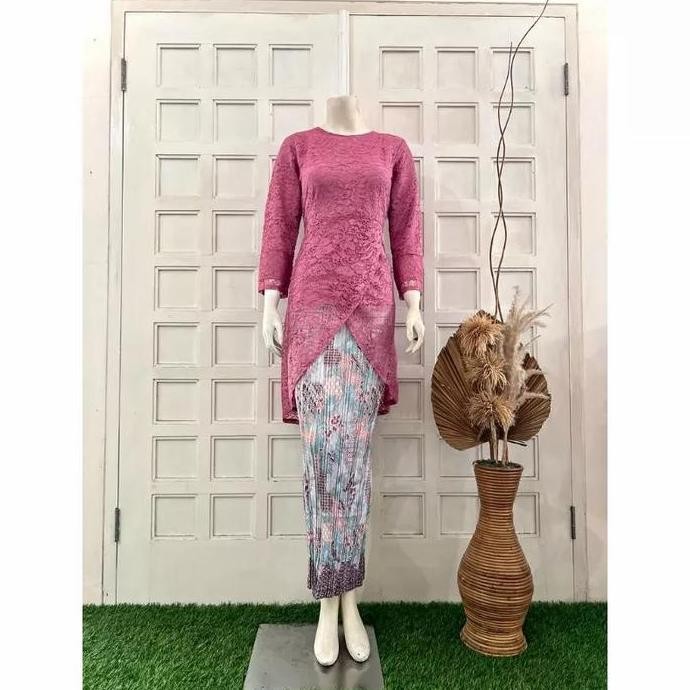 Setelan Kebaya Alea Tunik Silang Brokat Furing +Rok Size M-5L Ld 130