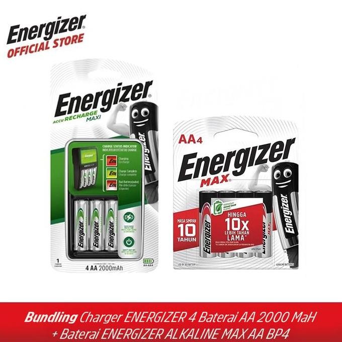 TERLARIS - Bundling Charger Energizer 4 Baterai AA 2000 MaH + Baterai Energizer Alkaline Max AA BP4
