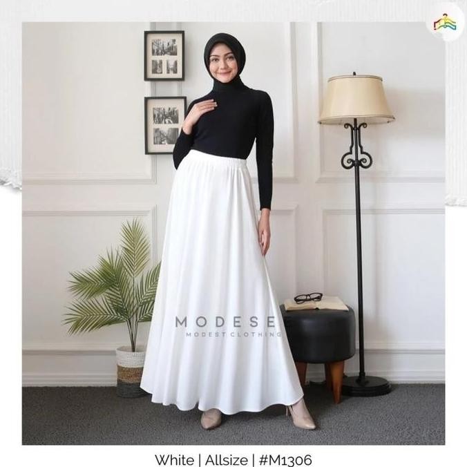 (Good) Modesee Rok Payung Panjang Putih Polos Wanita Muslim Circle SkirtWhite
