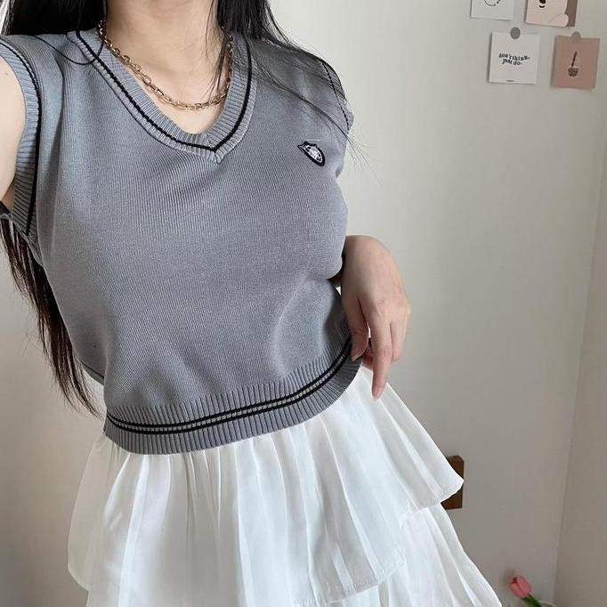 MODAMYTH HT54 - Vest Top Knit Atasan Wanita Rajut Model OLD SCHOOL KOREA STYLE ROMPI RAJUT CROP SS