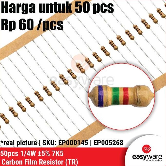 50PCS RESISTOR 7.5K OHM 1/4W 5% CARBON RESISTOR 7K5 0.25W 0.25 WATT RESISTOR 5%