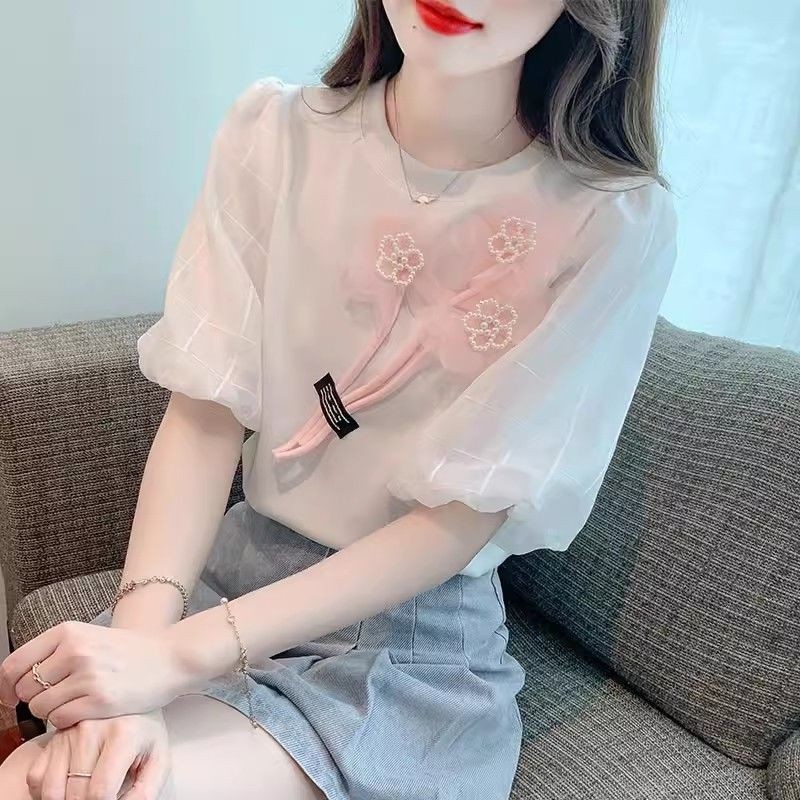 Lengan Pendek Katun Bunga 3D T Blus Wanita Lengan Puff Kepribadian