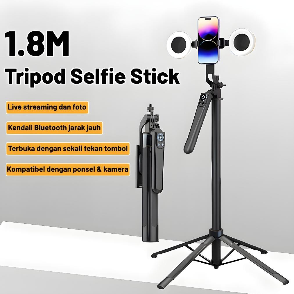 UPUPIN Tongsis Tripod Bluetooth 1.8M Quadpod Portable Tripod Remote Untuk Hp Kamera 4in1 Ring Light