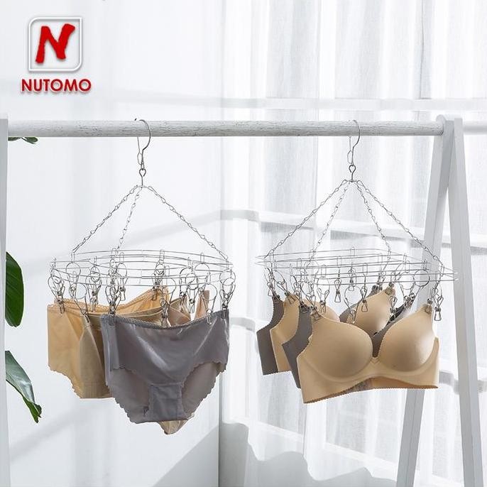 Gantungan Jemuran Baju Hanger 20 Jepit Stainless Bulat Dan Persegi ~ Jemur Kaos Kaki Cd Bra Pakaian 