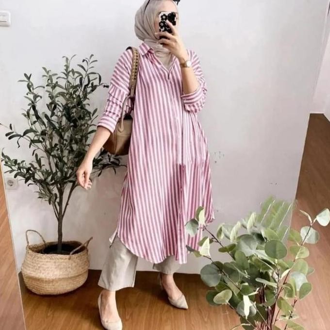(Good) Atasan Kemeja Tunik Wanita Lengan Panjang Motif Salur Garis Bahan Rayon Premium Full Kancing