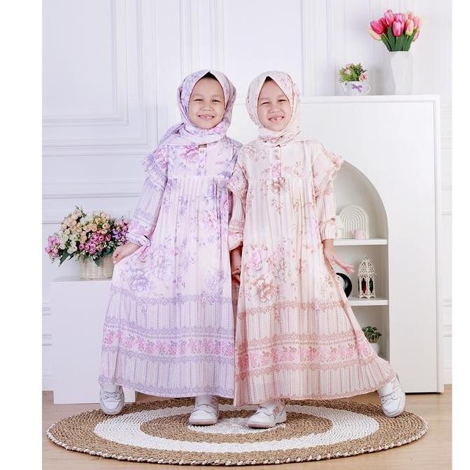 Dungdungkids Gamis Anak Vanesha Ceruty Motif Bunga Plisket Free Jilbab Segi Empat 5 - 11 Tahun