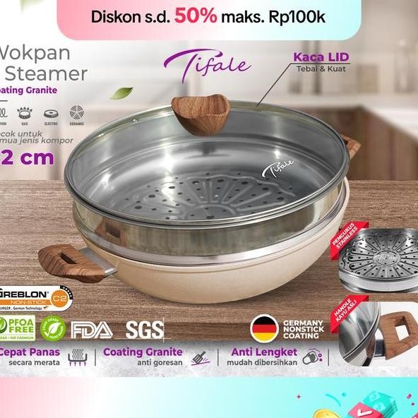 Nabung4 September Tifale 2In1 Wokpan Diameter 32Cm Glass Lid Granite Steamer Non Sti Alat Masak Wok 