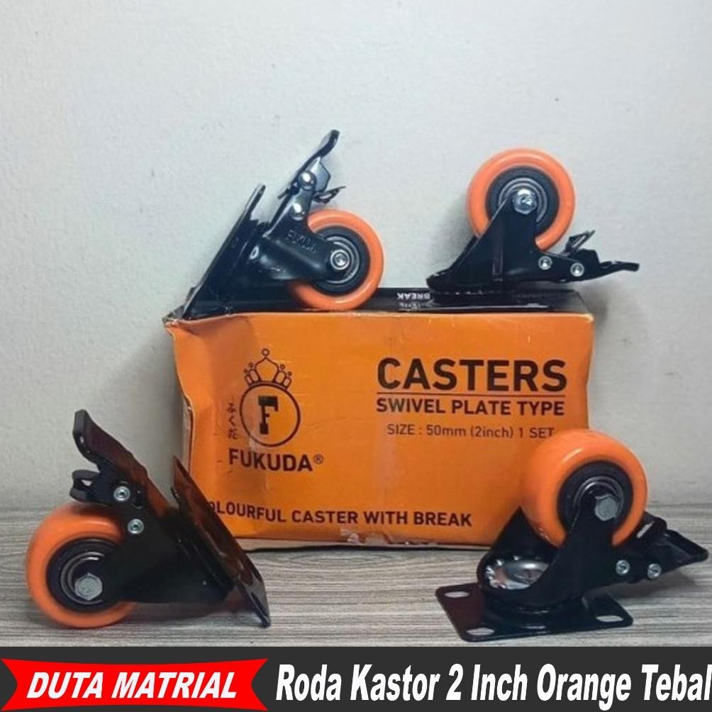 NEW FUKUDA Roda Kastor 2 Inch Orange Tebal Hidup + REM / Caster Swifel Plate 1 SET (4 Roda)