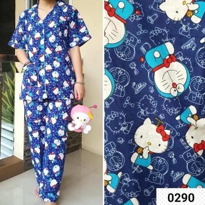 BAJU TIDUR DORAEMON HELLO KITTY PIYAMA DEWASA CELANA PANJANG BIRU NAVY