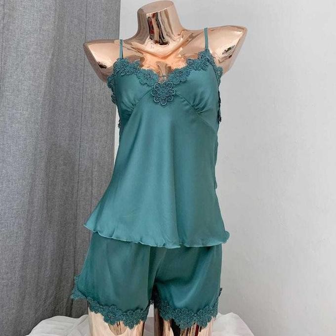 Vee-Silk Baju Tidur Celana  Premium/Lingerie/Baju Tidur /  Setelan Piyama Tank Top, Setelan Renda Du