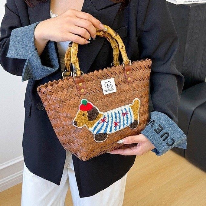 Large Capacity Tote Bag Dachshund Handwoven Basket Handbag