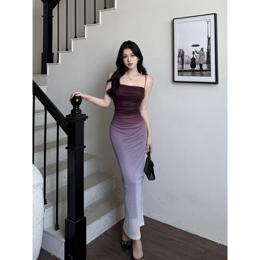 Gaun Bodycon Wanita dengan Tali Gradasi Ungu