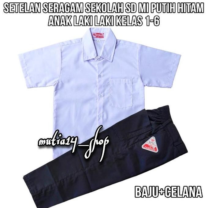 setelan seragam putih hitam sekolah SD anak laki laki baju putih polos lengan pendek celana hitam Pa