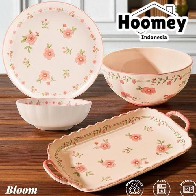 Piring Keramik BLOOM Piring Makan Keramik Mewah Motif Bunga warna pink merah muda Piring Mangkok dan