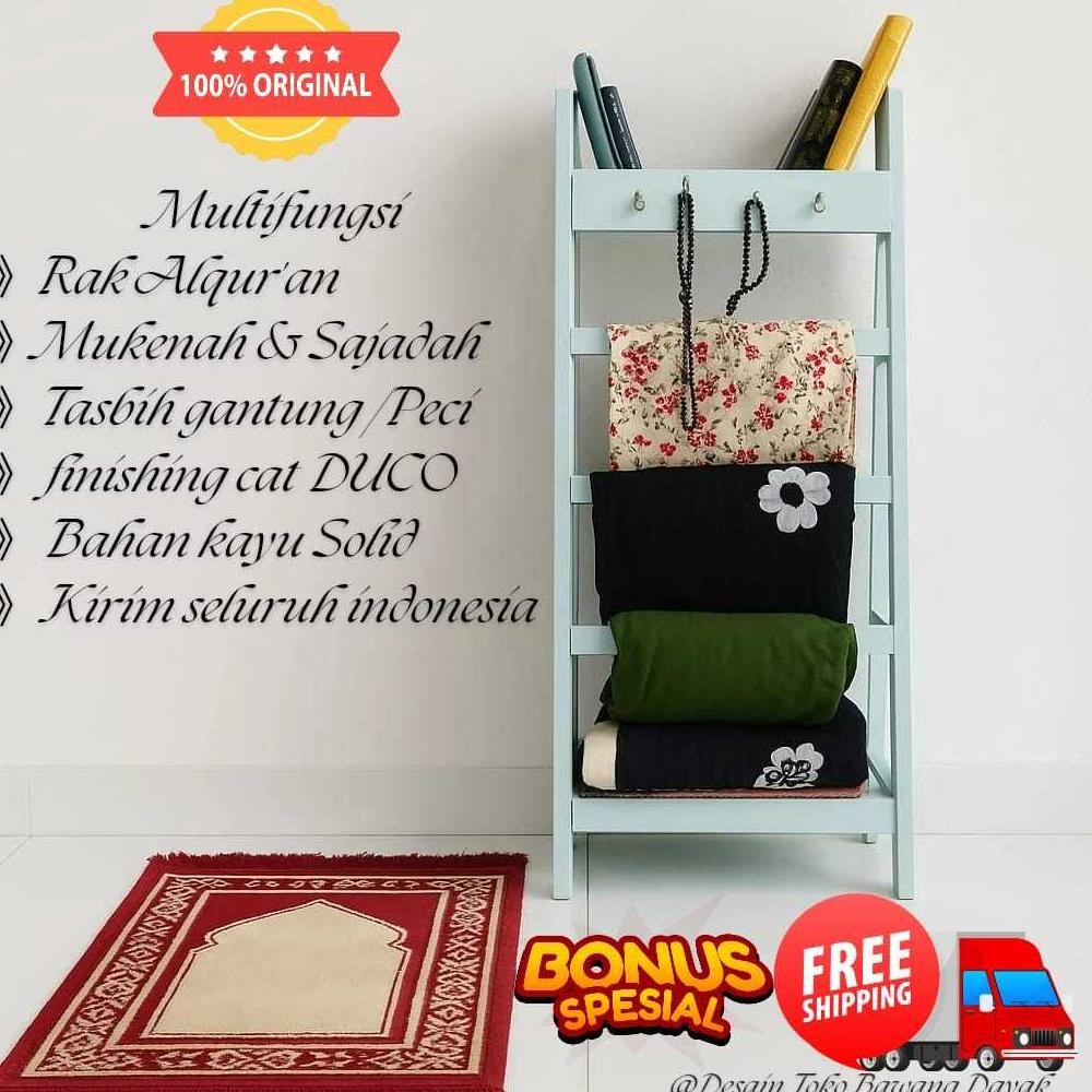 Rak Sajadah & Mukena Kayu Minimalis Stand Alquran, Rak Jilbab, Hanger Multifungsi Estetik