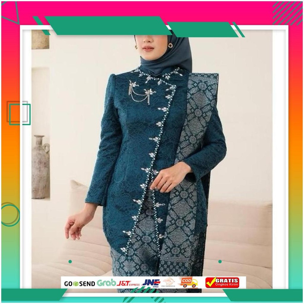 Kebaya Setelan Janggan Brokat Selendang Rok Songket Wanita Modern Atasan Kebaya Wisuda Kekinian Terb