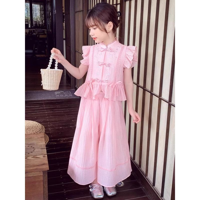 [COD]Celana lebar kaki gaya Cina untuk anak perempuan, setelan dua potong kasual anak-anak yang modi