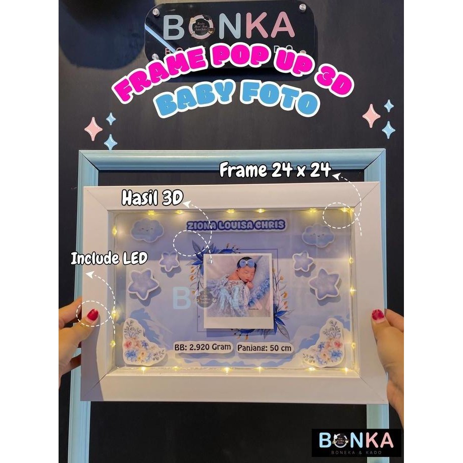 Frame Foto Bayi 3D Pop Up Ukuran 34 x 24 cm Custom LED Desain Tulisan Kado Kelahiran Unik dan Cantik