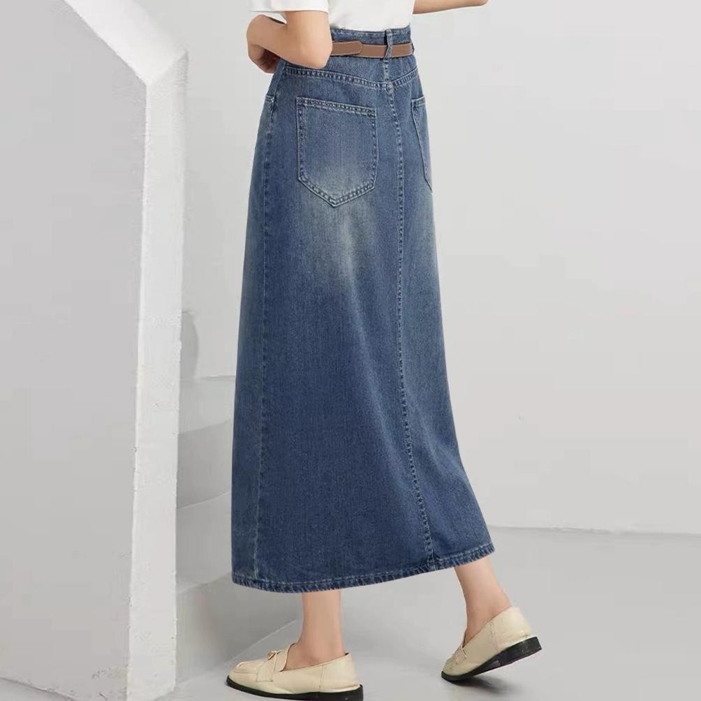 Kekinian Forking Denim Skirt Women Mid-Length High Waisted Hip Wrap Skirt ,.