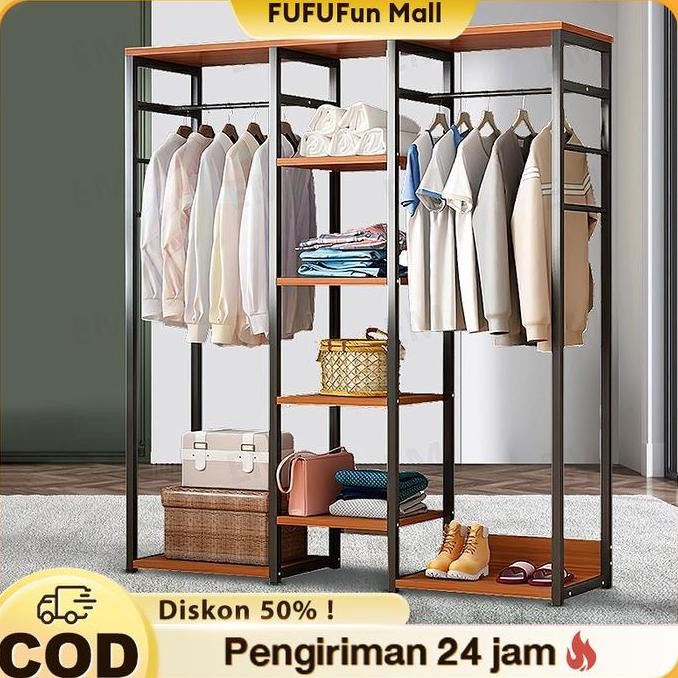 FUFU Lemari Gantungan Baju Multifungsi Rak Penyimpanan Pakaian Kayu dan Besi - Hemat Ruang, Praktis 
