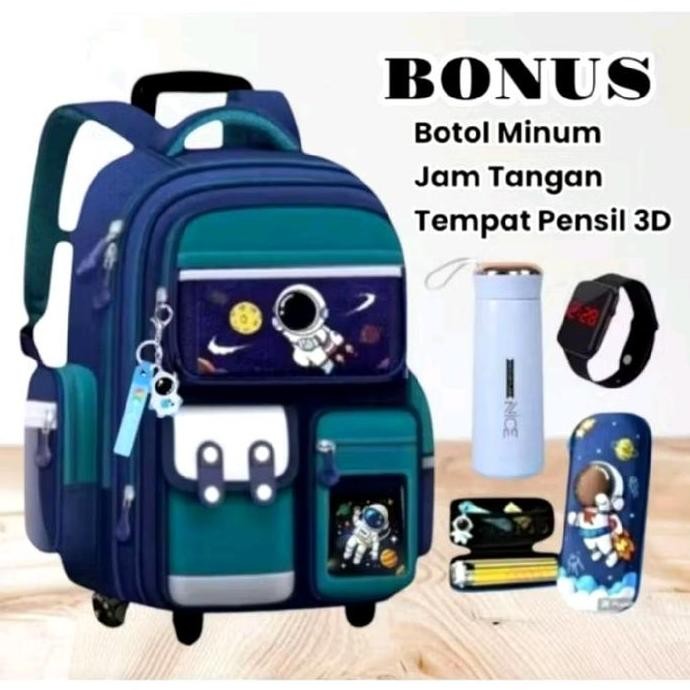 Troli Sekolah Anak Sd Astronot Space tas dorong anak laki laki free tempat pensil , botol minum dan 