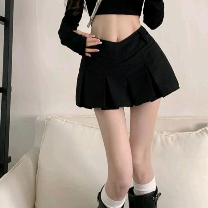 Rok lipit pinggang tinggi gaya Korea rok retro wanita