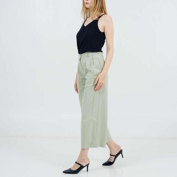 This Is April Celana Panjang Kulot Katun Wanita Highwaist Kekinian Edith Pants Green & White