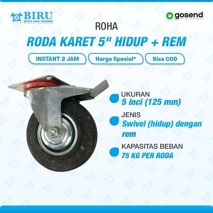 Roda Troli 5" hidup rem roda karet roda etalase roda gerobak roda trolley 5 inch