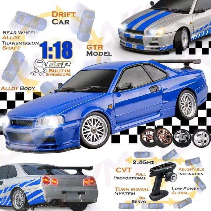 RC DRIFT RWD NISSAN SKYLINE GTR R34 R-34 BODY METAL ALLOY SCALE 1/18 FAST FURIOUS BRIAN Remote Toys 
