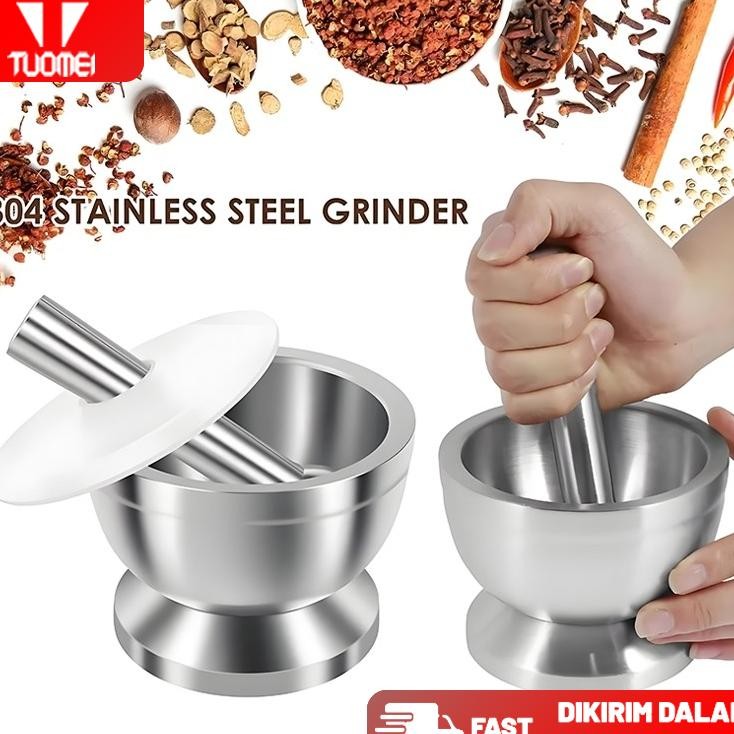 Cobek Stainless Ulekan Stainless Tumbukan Bumbu Dapur Dengan Tutup Mortar Pestle Tumbukan Bumbu Stai