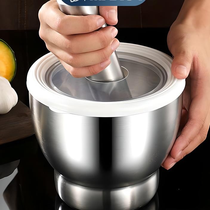Cobek Stainless Ulekan Stainless Tumbukan Bumbu Dapur Dengan Tutupmortar Pestle Tumbukan Bumbu Stain